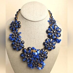 [J. CREW] Gardenia Blue Beaded Chunky Statment Floral Asymmetrical Necklace